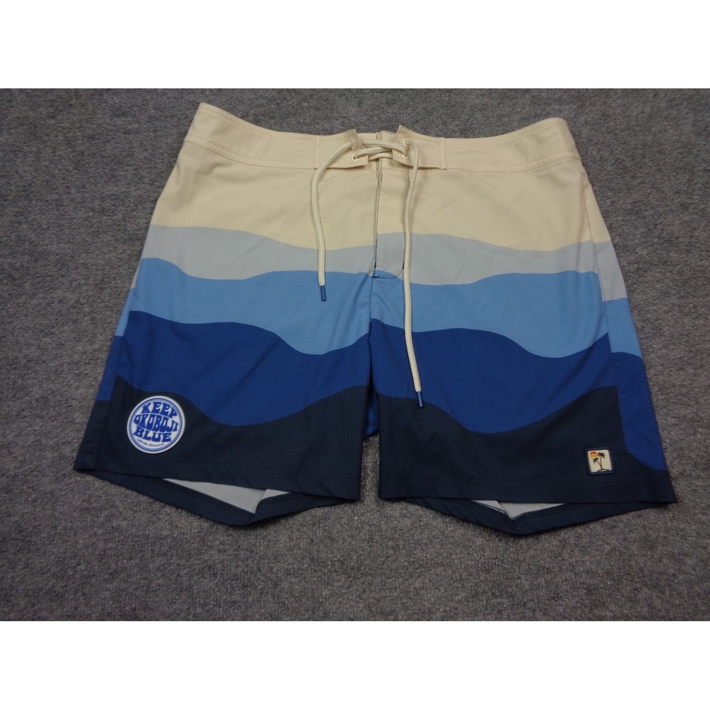 MARINE LAYER Board Shorts Mens 36 Blue Wave Print 4-Way Stretch  6"